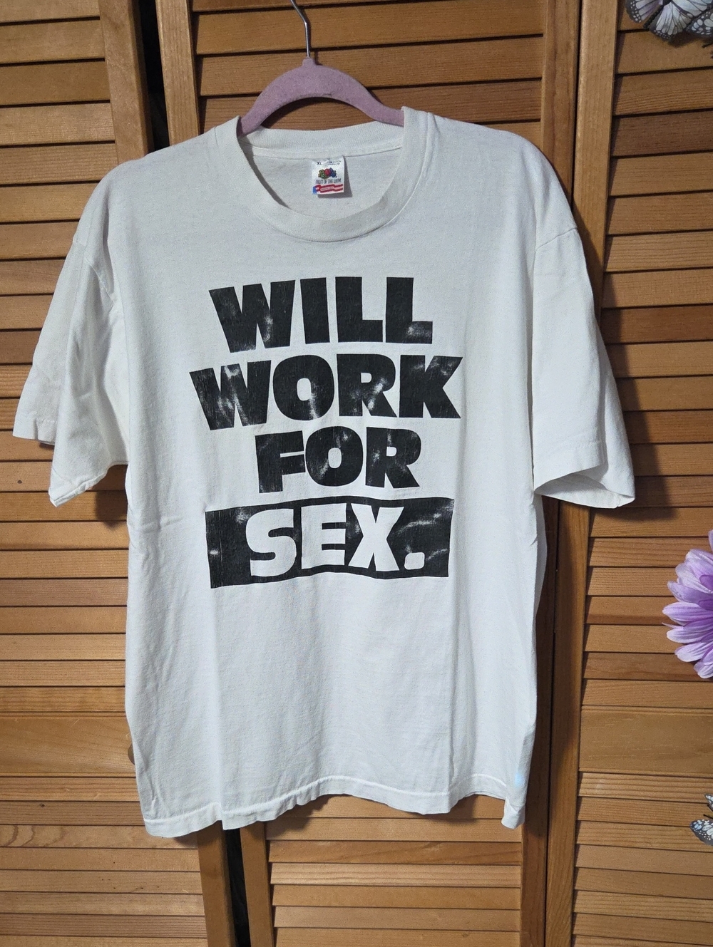 Fruit of the Loom White Graphic Tee with Black Text - "WILL WORK FOR SEX."
